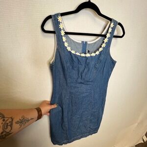 Marnie West Vintage 90s Denim Daisy Trim Mini Dress Blue Sleeveless Size 12